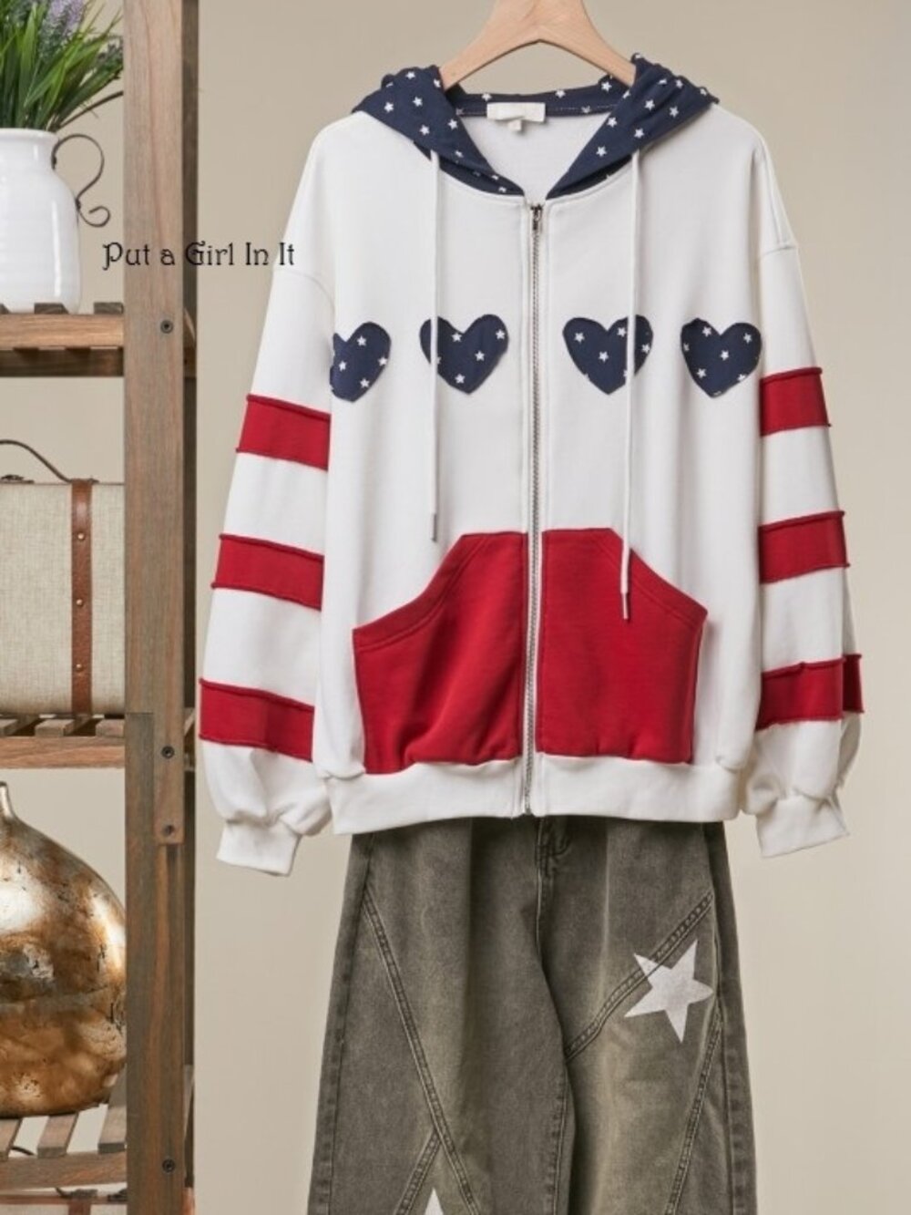 Women's united states american flag hearts heavyweight oversized jacket s m l - Picture 2 of 5